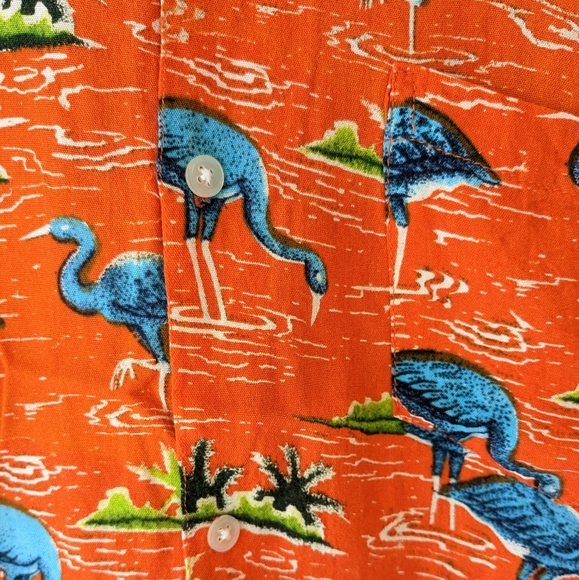 Vintage Hawaiian Shirt Short-sleeve Orange with Blue Flamingos - Picture 3 of 5